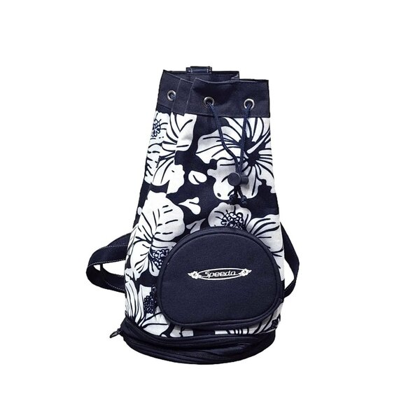 Speedo Drawstring Bucket Barrel Tote Bag Blue And White Floral Canvas  - Picture 3 of 7
